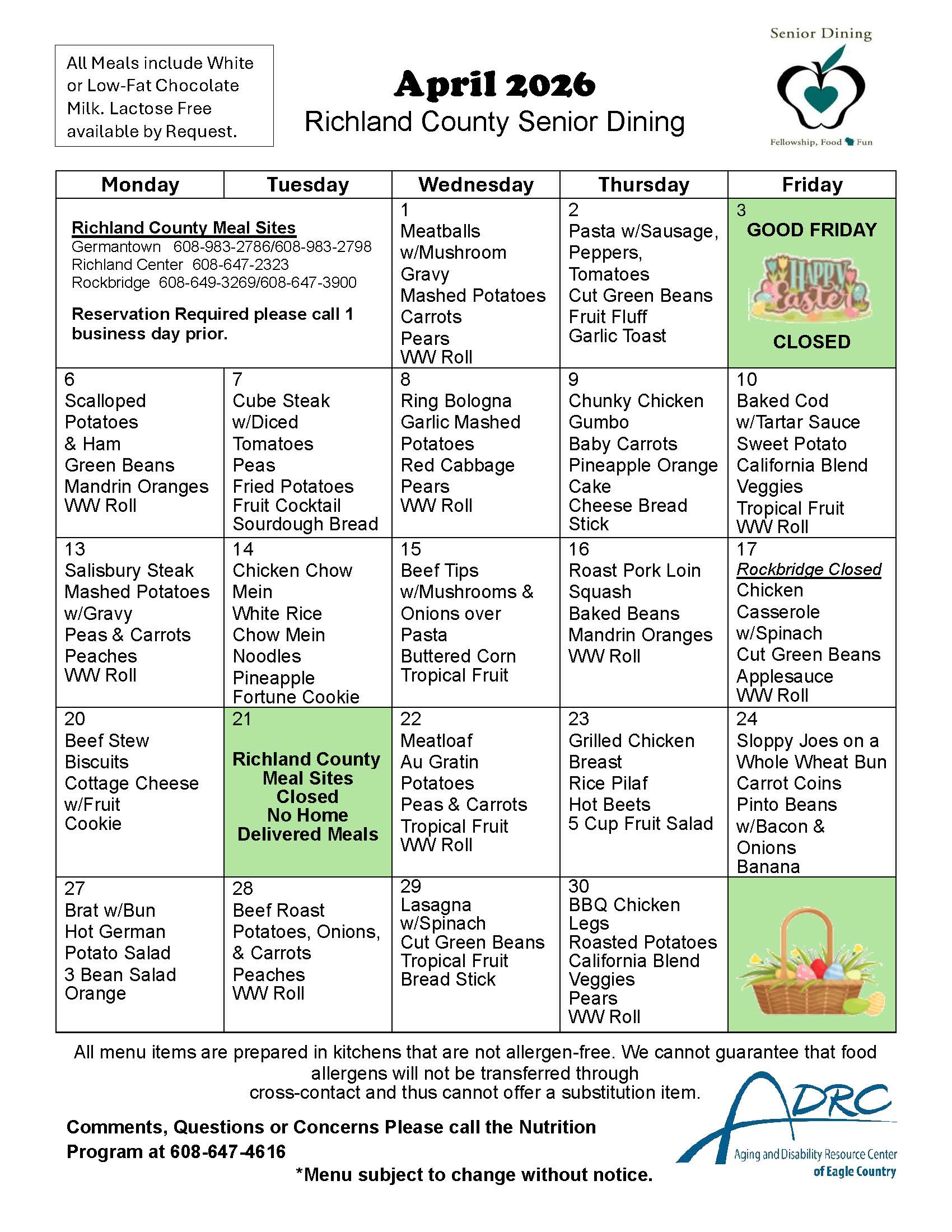 April Nutrition Menu
