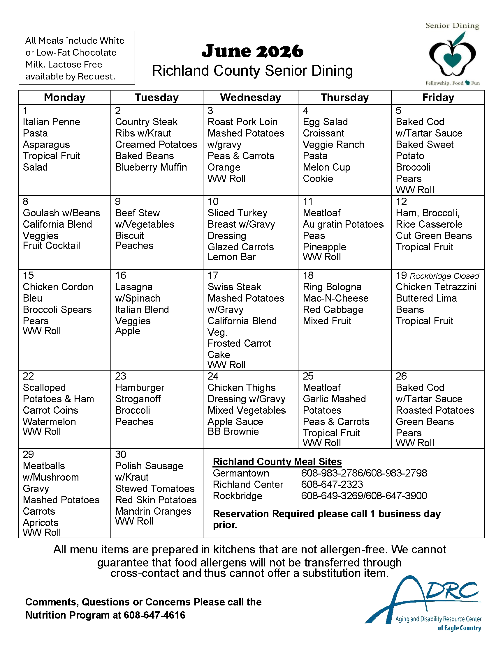 Nutrition Menu for June 2026