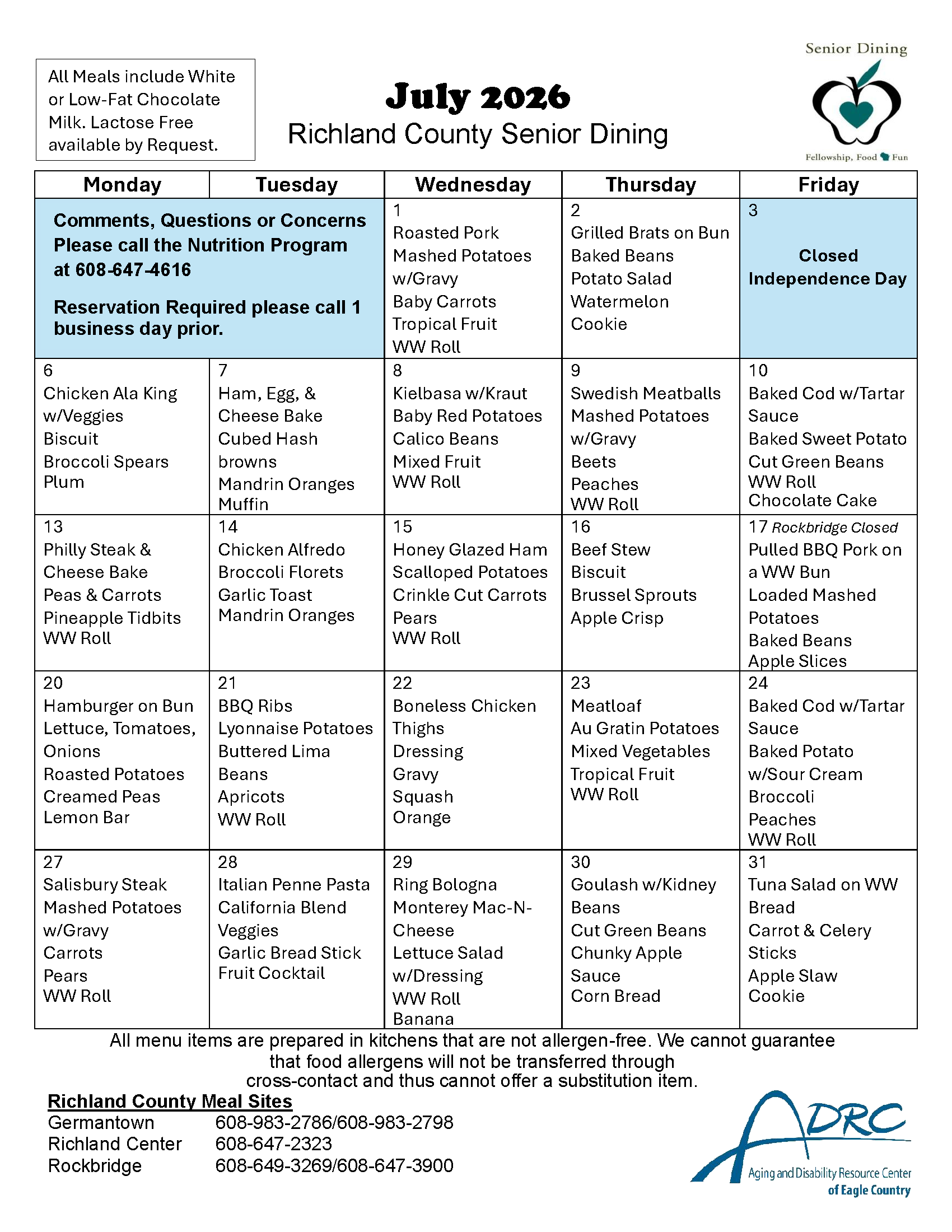 Nutrition Menu for July 2026
